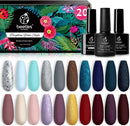 Beetles 20 Pcs Gel Nail Polish Kit, Free Spirit Collection Soak Off Nail Gel Polish Set Blue Gray Glitter Burgundy Red Purple Starter Kit with Glossy & Matte Top Base Coat DIY Manicure Set beetles Gel Polish