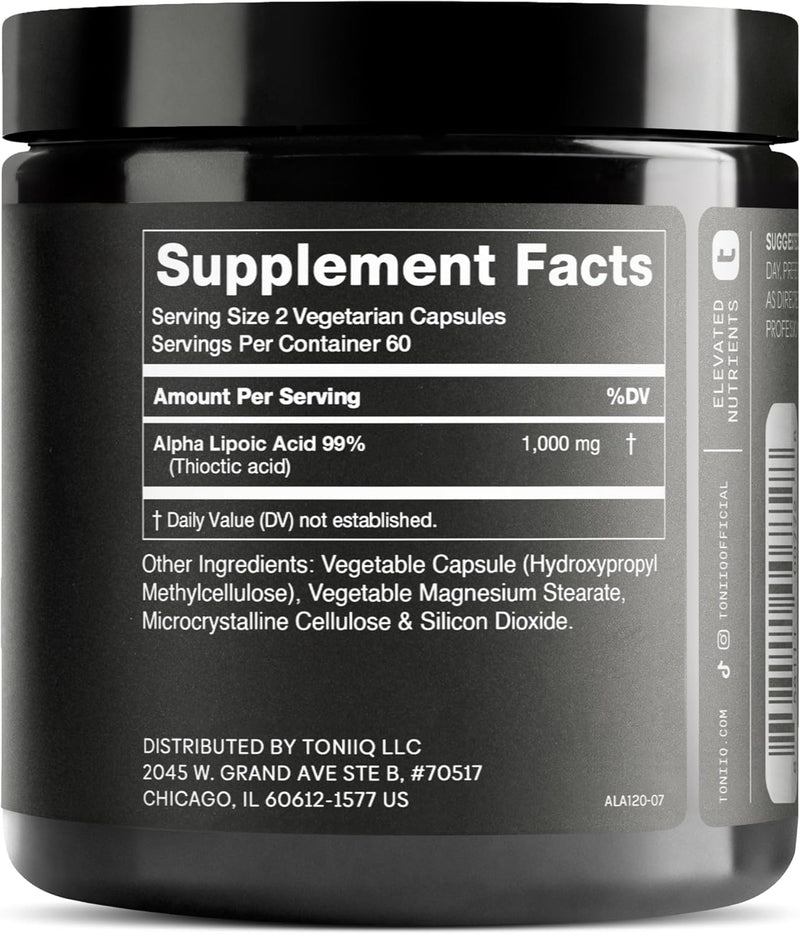 Toniiq 1000mg Ultra High Strength Alpha Lipoic Acid Capsules - Highly Purified 99%+ USP Standard - 120 Capsules ALA Supplement Infinity Warehouse