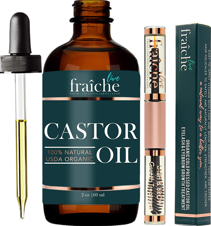 Castor Oil (2oz) + Filled Mascara Tube USDA Certified Organic, 100% Pure, Cold Pressed, Hexane Free by Live Fraiche. Stimulate Growth for Eyelashes, Eyebrows, Hair. Lash Growth Serum. Brow Treatment Live Fraiche