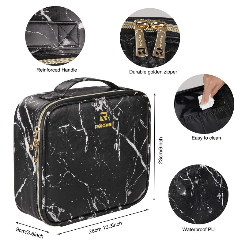 Relavel Travel Makeup Train Case Makeup Cosmetic Case Organizer Portable Artist Storage Bag with Adjustable Dividers for Cosmetics Makeup Brushes Toiletry Jewelry Digital Accessories (Marble, Black) Relavel