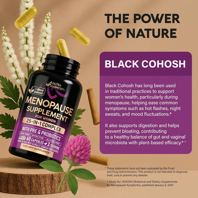 Menopause Supplements for Women - Dong Quai, Black Cohosh, Pre & Probiotics - Sweats & Hot Flashes Relief - Digestion, Sleep & Mood Support - 25-in-1 Perimenopause Complex - Made in USA - 60 Capsules Infinity Warehouse
