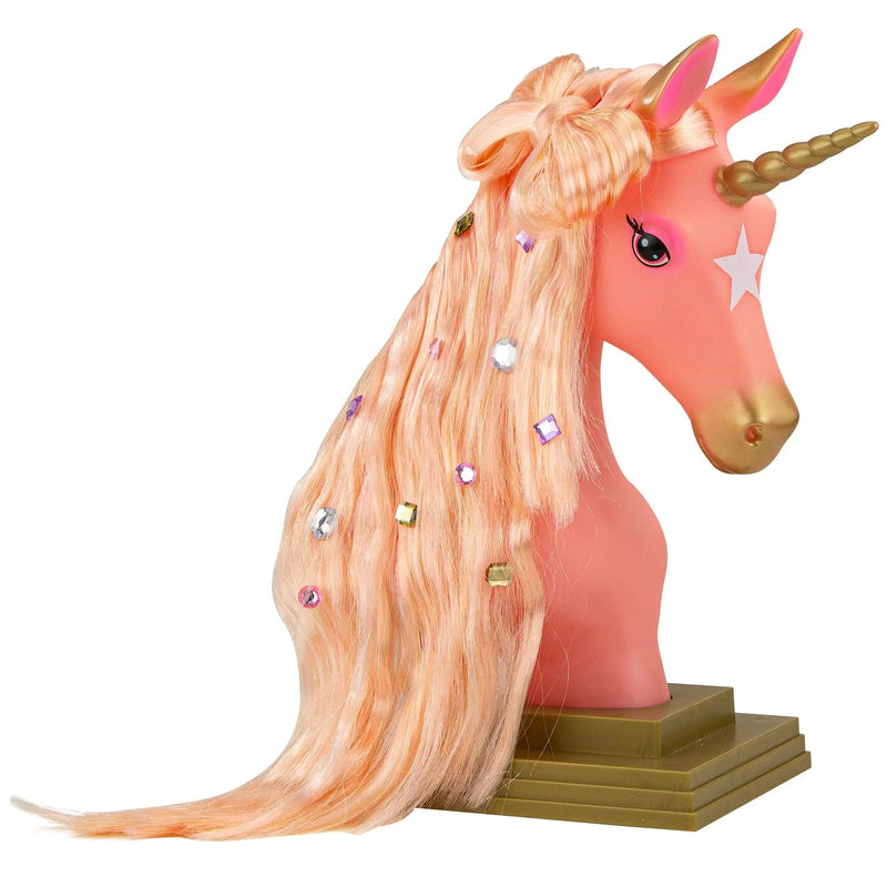 Breyer Horses Mane Beauty Unicorn Styling Head | Stardust | Pink Extra-Long Silky No Tangle Mane | 10" x 4.25" x 4.25" | Styling Book, Brush, Hair Coils, Clips, Elastics | Unicorn Toy | Model