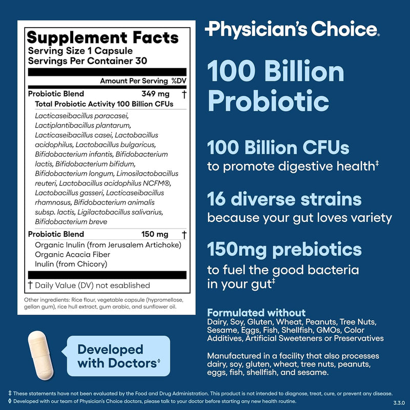 Physician's CHOICE 100 Billion Advanced Probiotic - 16 Strains + Organic Prebiotics - Digestive & Gut Health - Supports Occasional Constipation, Diarrhea, Gas & Bloating - Probiotics for Women & Men Infinity Warehouse