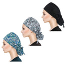 QBA Adjustable Working Cap with Button Long Hair, Sweatband Cotton Ponytail Holder, Tie Back Hats for Women & Men, One Size (3 Pack: Black+Black Paisley+Blue Paisley) QBA