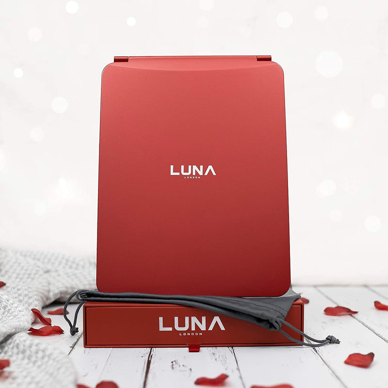 LUNA London Eclipse LED Lighted Travel Vanity Makeup Mirror | 3 Colour Light, Compact, Portable, Lighted, Rechargeable, Illuminated Mirror | Perfect for Travel, Makeup & Beauty Needs | Scarlet Red LUNA London