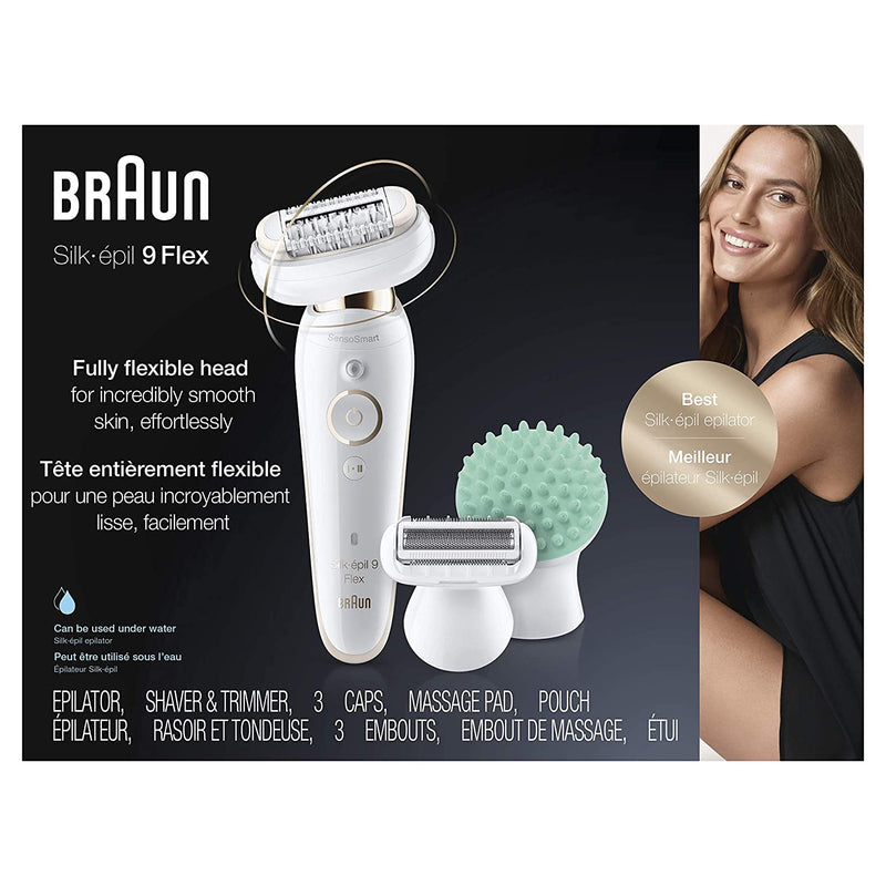 Braun Epilator Silk-épil 9 9-020 with Flexible Head, Facial Hair Removal for Women, Shaver & Trimmer, Cordless, Rechargeable, Wet & Dry, Beauty Kit with Body Massage Pad Braun