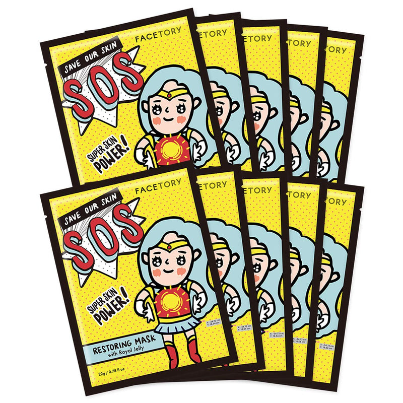 FaceTory SOS Restoring Sheet Mask with Royal Jelly - Soft Sheet Mask, For Oily, Combo, Dry, and Acne-prone skin - Soothing, Calming, Moisturizing Face Mask (Pack of 10) FACETORY