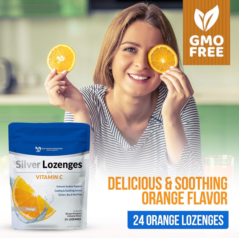 Silver Lozenges with Vitamin C - Premium Nano Silver 60 PPM Colloidal Silver, Organic Honey and Vitamin C Mineral Supplement Drops to Support Immune System, Soothe Cough & Throat - 24 Orange Lozenges Infinity Warehouse