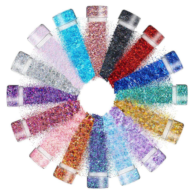 Chunky Cosmetic Holographic Glitter I Body, Face & Hair Safe I 16 Pack + 1 Glitter Glue SoJourner Bags