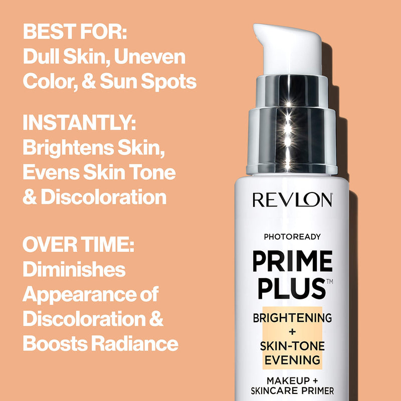 REVLON Prime Plus Makeup & Skincare Primer, Brightening and Skin-Tone Evening, Formulated with Vitamin C and Lactic Acid, 1 oz REVLON