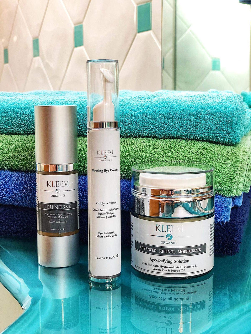 Anti Aging Skin Care Set: Retinol Cream, Vitamin C Serum & Firming Eye Cream for a glowing and radiant skin. The Best Beauty Gift Sets for Women Kleem Organics