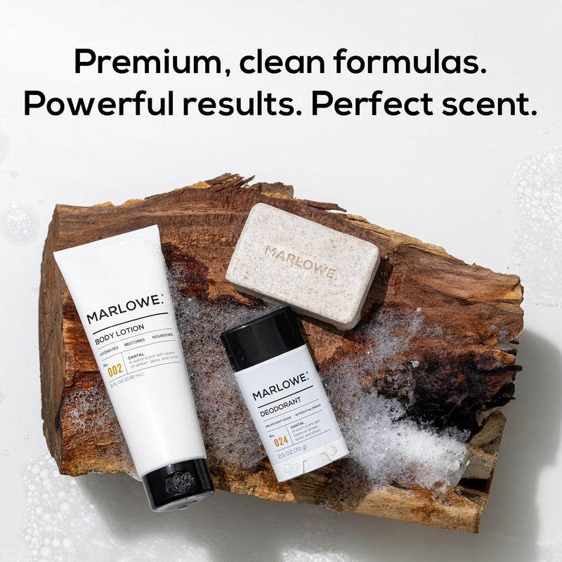 MARLOWE. Men's Grooming Santal Body Set, Features No. 102 Scrub Soap Bar, No. 024 Deodorant & No. 002 Body Lotion, Warm Amber, Sandalwood & Citron Scent Infinity Warehouse