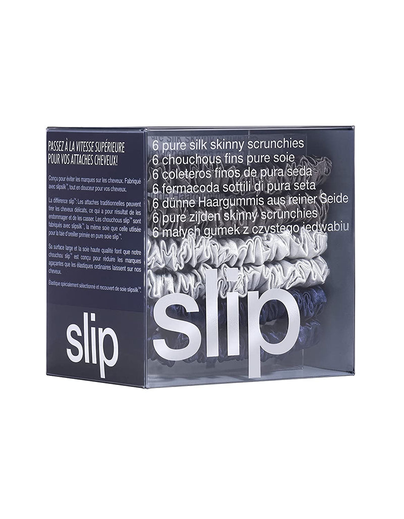 Slip Silk Skinnie Scrunchies Midnight Collection (Charcoal, Navy, Silver) - 100% Pure 22 Momme Mulberry Silk Scrunchies for Women - Hair-Friendly + Luxurious Elastic Scrunchies Set (6 Scrunchies) SLIP Store