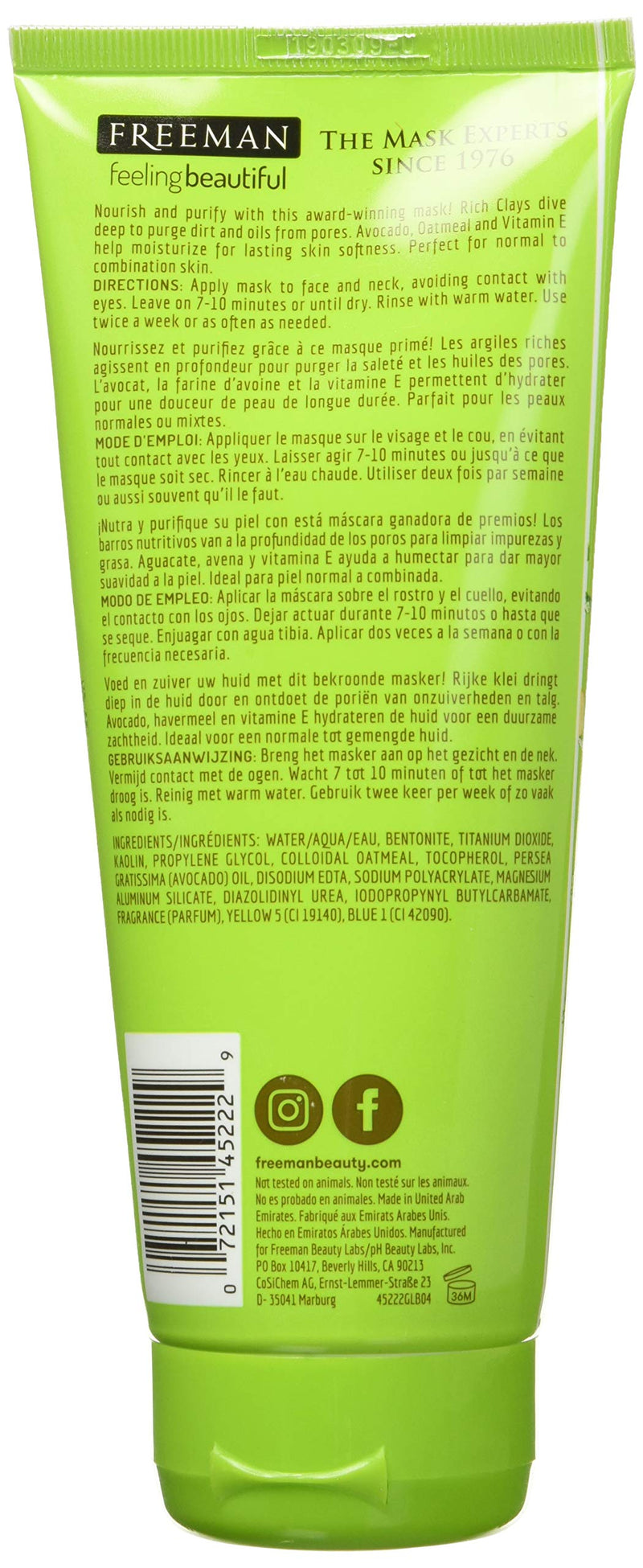 Freeman Purifying Clay Facial Mask, Oil Absorbing and Hydrating Beauty Face Mask with Avocado and Oatmeal, 6 oz FREEMAN