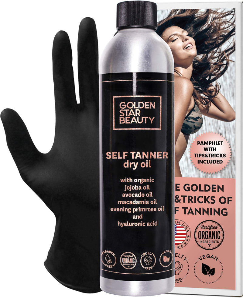 Self Tanner Oil - Natural Sunless Tanning Spray w/ Hyaluronic Acid and Organic Oils, Clear Gradual Fake Tan Sprayer for Perfect Golden Glow 8.0 fl.oz GOLDEN STAR BEAUTY