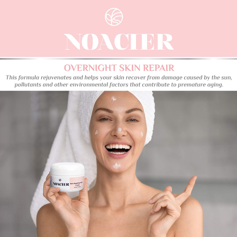 Hydrating Night Face Cream, Daily Hyaluronic Acid Facial Moisturizer, Dry Sensitive Aging Skin Moisturizing Treatment & Wrinkle Repair, 1oz Noacier NOACIER