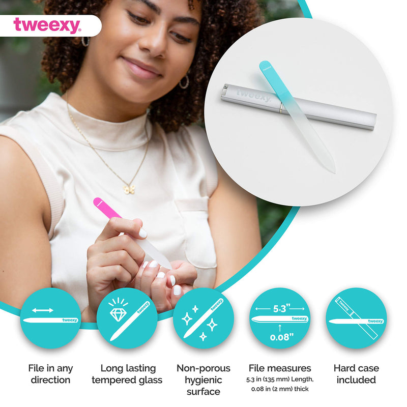 tweexy Genuine Czech Crystal Glass Nail File with Protective Case and Vinyl Sleeve, Manicure and Pedicure Tool, Nail Care Accessories (Pink) tweexy