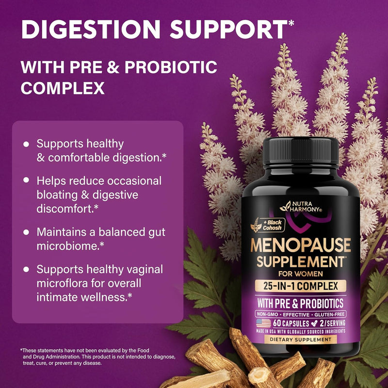 Menopause Supplements for Women - Dong Quai, Black Cohosh, Pre & Probiotics - Sweats & Hot Flashes Relief - Digestion, Sleep & Mood Support - 25-in-1 Perimenopause Complex - Made in USA - 60 Capsules Infinity Warehouse