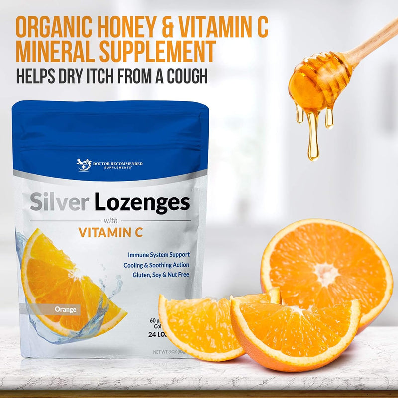 Silver Lozenges with Vitamin C - Premium Nano Silver 60 PPM Colloidal Silver, Organic Honey and Vitamin C Mineral Supplement Drops to Support Immune System, Soothe Cough & Throat - 24 Orange Lozenges Infinity Warehouse