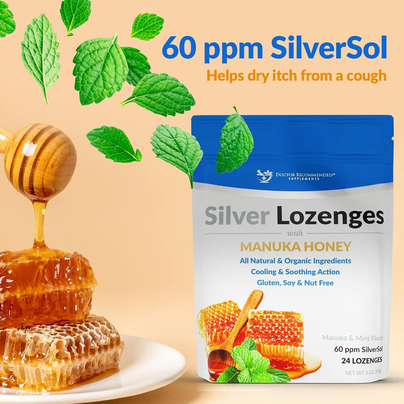 Silver Lozenges with Organic Manuka Honey and Vitamin C - All-Natural Nano Silver 45-50mcg of 60 PPM Colloidal Silver Mineral Drops to Support Immune System, Soothe, Cool Cough & Throat, 24-Lozenges Infinity Warehouse