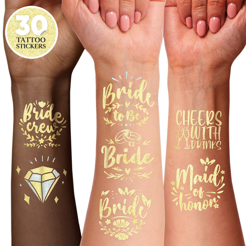 30pc Bachelorette Party Tattoos | Bride Tattoo | Perforated Temporary Metallic Gold Tattoos | Bachelorette Party Decorations | Bridesmaid Gift | Bride to Be Favor Bengum