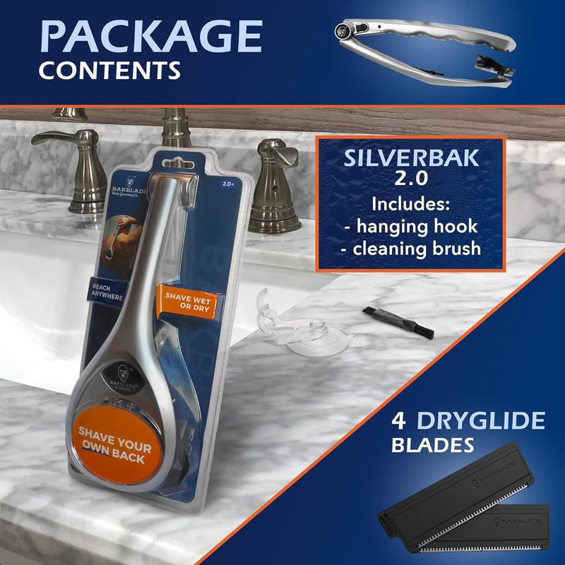 Bakblade 2.0 SilverBak Back Shavers for Men: DIY Hair Shaver, Safety Blade Technology & Ergonomic Handle, Wet & Dry Shaving (Extra Blades Included) Infinity Warehouse