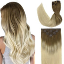 GOO GOO Hair Extensions Clip in Human Hair 14 Inch Ombre Ash Brown to Platinum Blonde Remy Human Hair Extensions Clip in Natural Hair 120g 7pcs Straight Weft Hair Extensions Clip on GOO GOO Store