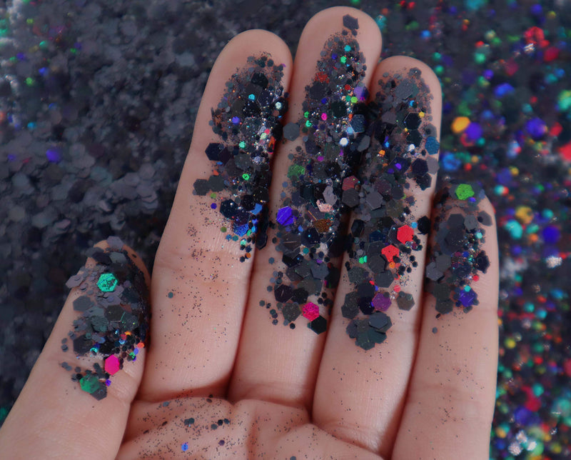 Black Holographic - Cosmetic Grade Chunky Glitter - Chunky Hexagon Shape - Festival Rave Makeup Face Body Nail Art Crafts Resin - Solvent Resistant Electric Bliss Beauty