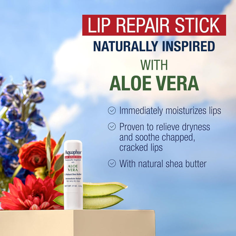 Aquaphor Naturally Inspired Lip Repair Stick with Aloe Vera and Natural Shea Butter, Hydrating Lip Balm Stick Immediately Relieves Dryness and Soothes Chapped Lips, 0.17 Oz Stick, Pack of 3 Infinity Warehouse