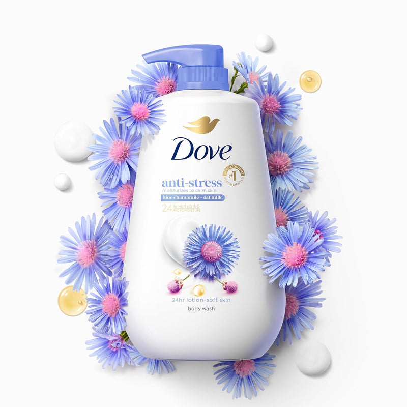 Dove Body Wash Anti-Stress Blue Chamomile & Oat Milk, 3 Count for Renewed, Healthy Looking Skin, Moisturizing Gentle Skin Cleanser with 24hr Renewing MicroMoisture, 30.6 oz Infinity Warehouse