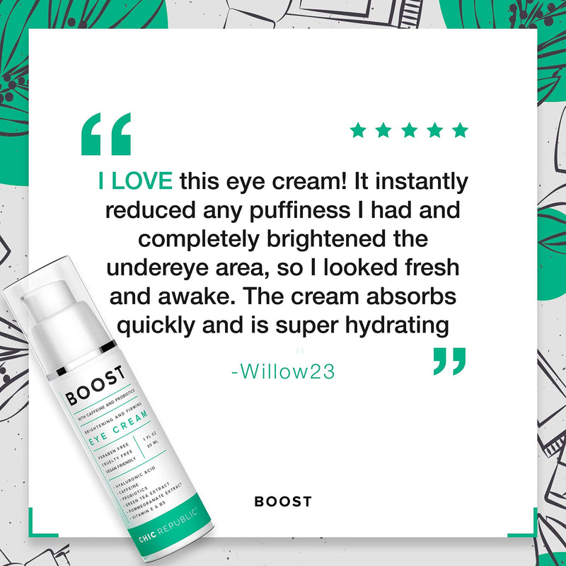 Caffeine Eye Cream - Organic Eye Cream for Dark Circles and Puffiness - Hyaluronic and Kojic Acid, Probiotics, Vitamins E B5 - Hydrating Eye Cream - Coffee Bean Under Eye Cream Dark Eye Circle CHIC REPUBLIC