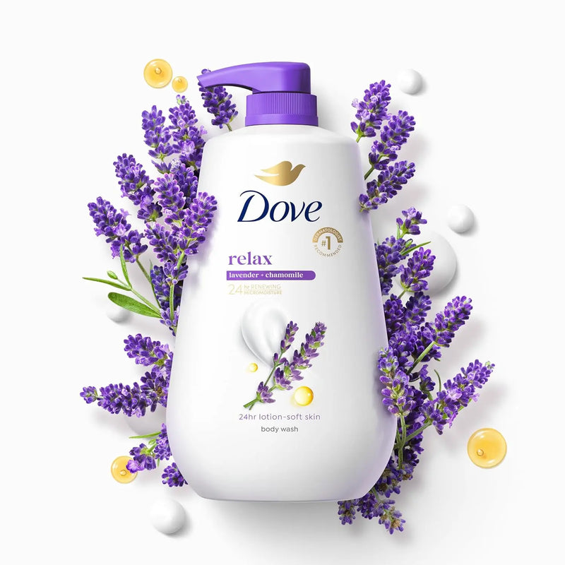Dove Body Wash with Pump Relaxing Lavender Oil & Chamomile 3 Count for Renewed, Healthy-Looking Skin Gentle Skin Cleanser with 24hr Renewing MicroMoisture 30.6 oz Infinity Warehouse