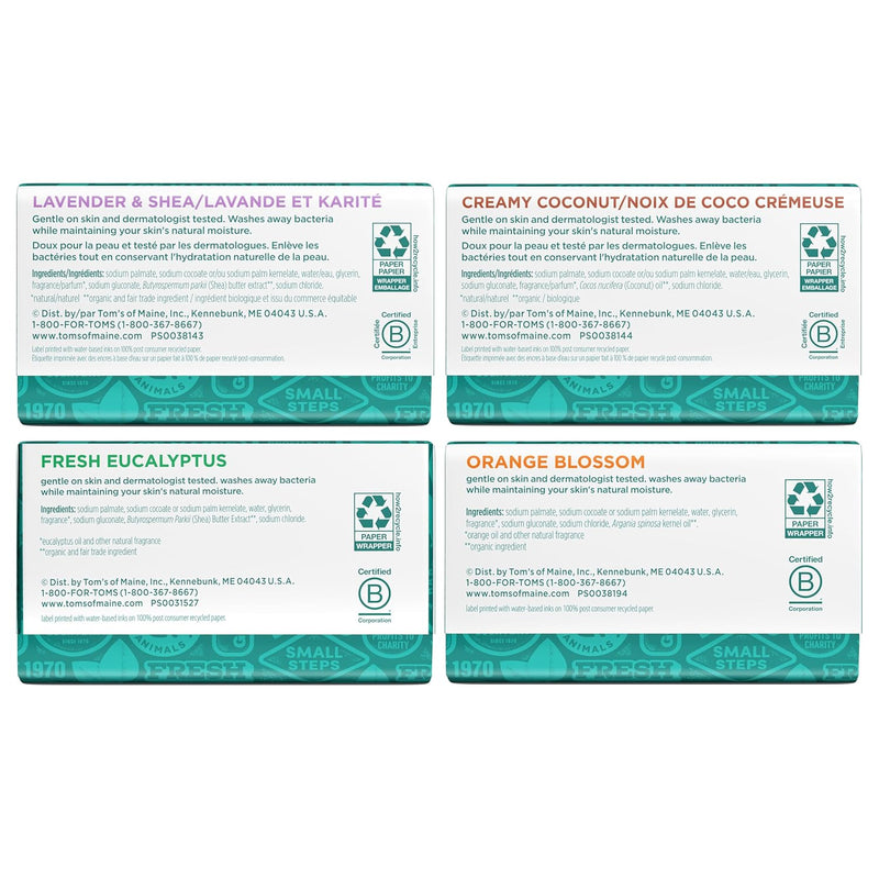 Tom's of Maine Bar Soap Variety Pack, Natural Bar Soap for Women and Men, Lavender & Shea, Fresh Eucalyptus, Creamy Coconut, Orange Blossom, 5 oz Bars (4-Pack) Infinity Warehouse