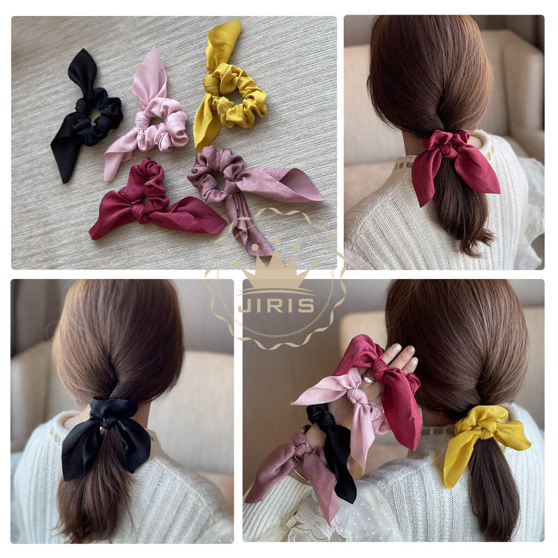 JIRIS 6 Pcs Satin Silk Hair Scrunchies Rabbit Bunny Ear Bow Bowknot Scrunchie Bobbles Elastic Hair Ties Bands Ponytail Holder for Women Accessories(SET2) JIRIS