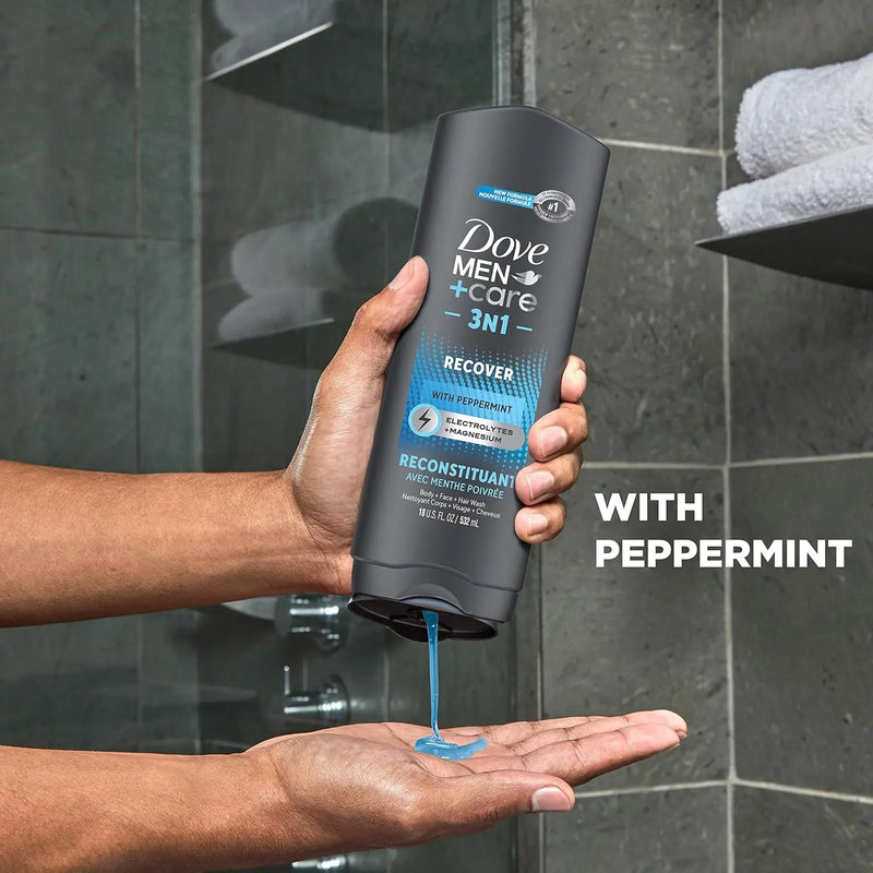 Dove Men+Care Post-Workout 3-IN-1 (Body + Face + Hair Wash) With Peppermint 4 Count Infused with Electrolytes + Magnesium 18 oz Infinity Warehouse
