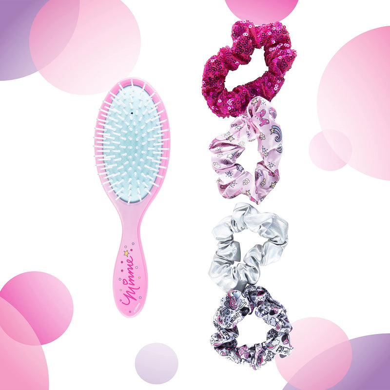 Disney Junior Minnie Mouse Hair Accessory 5 Pcs Set - 1 Large Minnie Mouse Hair Brush For Girls + 4 Minnie Scrunchies For Kids - Hair Accessories For Girls - Pink Detangling Brush - Elastic Hair Ties Ropes Scrunchie Luv Her