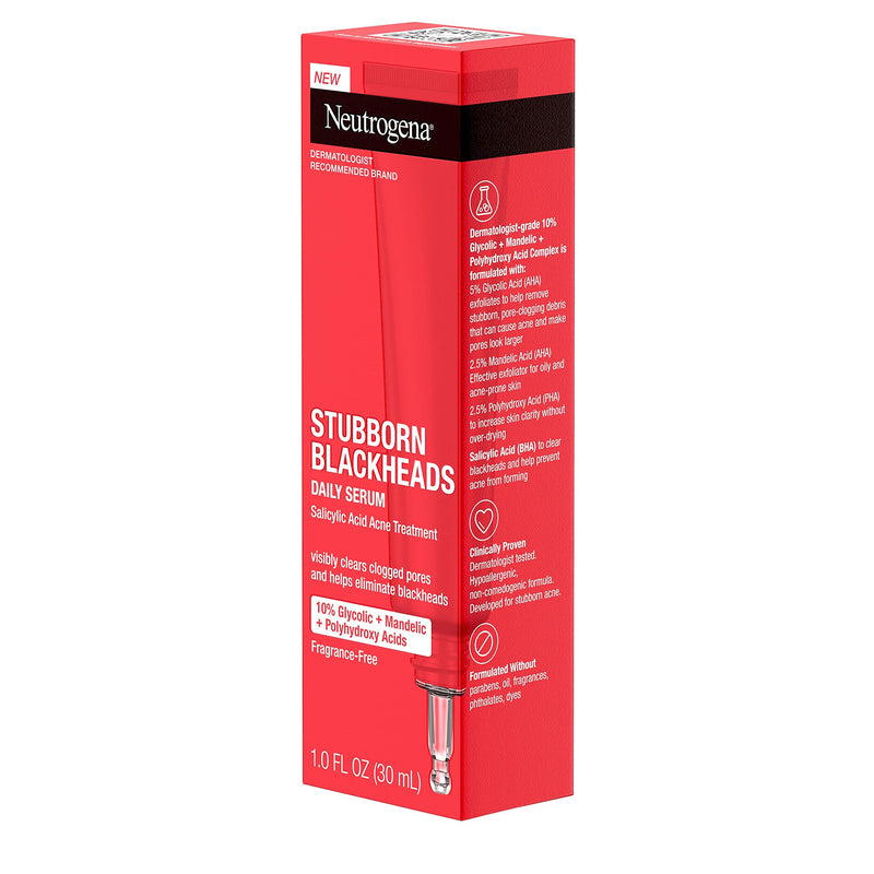 Neutrogena Stubborn Blackheads Daily Acne Facial Serum with Salicylic, Glycolic, Polyhydroxy & Mandelic Acids, Oil-Free Face Serum for Acne-Prone Skin to Help Clear Clogged Pores, 1 fl. oz Neutrogena