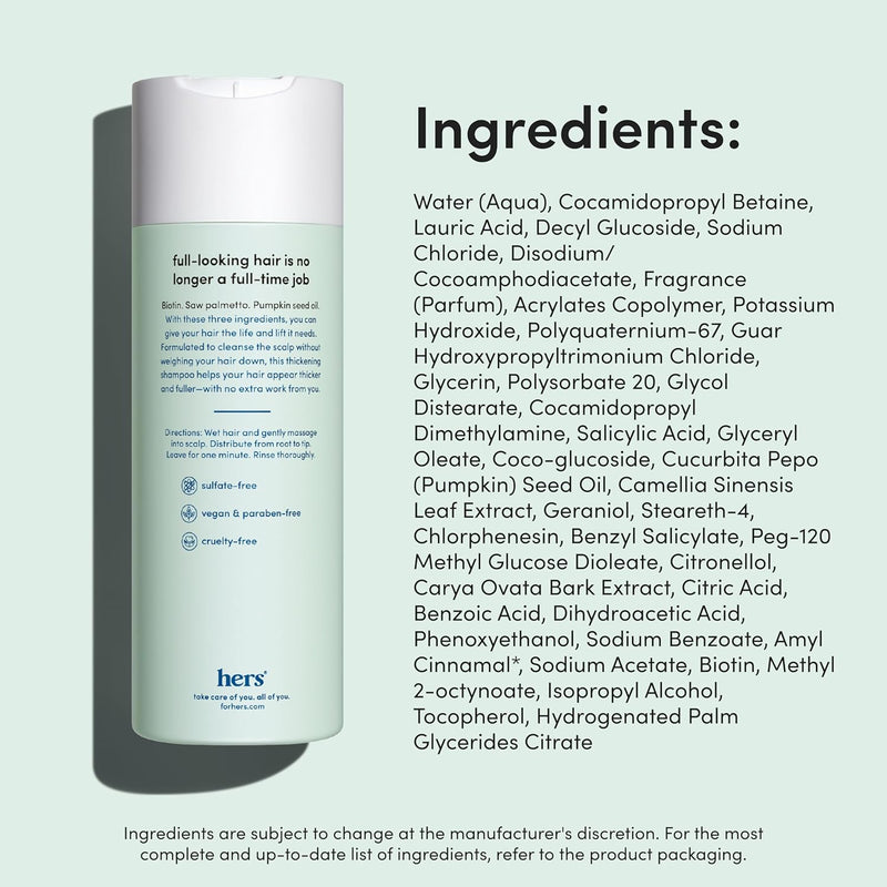 hers triple threat shampoo for hair that feels and looks thicker and stronger with biotin, saw palmetto, pumpkin seed oil, lightly scented with rose, helps control hair shedding, 2 pack, 6.4oz Infinity Warehouse