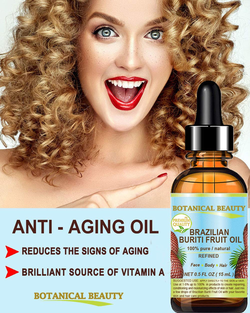 BURITI FRUIT OIL Brazilian. 100% Pure / Natural / REFINED Undiluted Cold Pressed Carrier Oil . For Face, Body, Hair, Lip and Nail Care. 0.5 fl oz- 15 ml. "One the richest natural source of vitamin A, E and C" From Amazon Rainforest. by Botanical Beauty Botanical Beauty