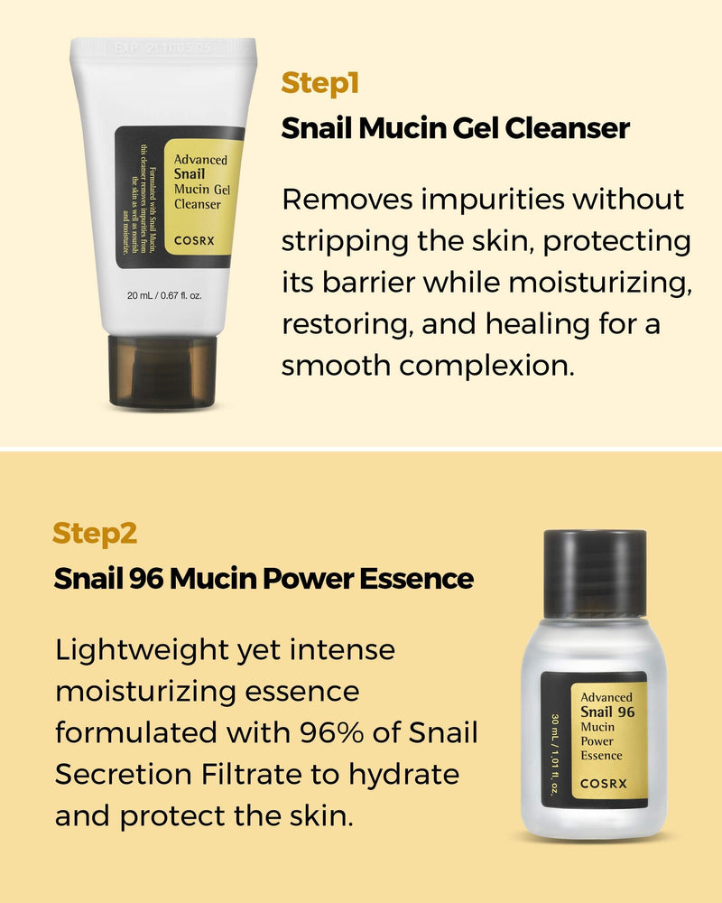 COSRX All About Snail Korean Skincare | TSA Approved Travel Size, Gift Set |Cleanser, Essence, Cream, Eye-cream | Snail Mucin for Repairing, Recovering, Rejuvenating COSRX
