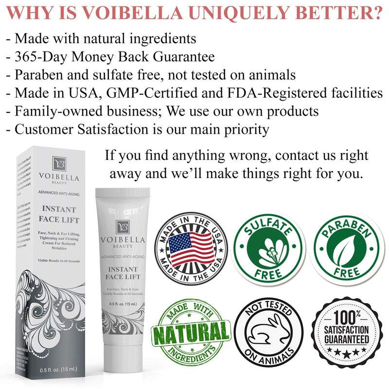 Instant Face Lift Cream - Best Eye, Neck & Face Tightening, Lifting & Firming Serum To Smooth Appearance of Loose Sagging Skin, Puffiness, Fine Lines & Wrinkles Within 1 Minute (Peptides and Stem Cells) VOIBELLA BEAUTY