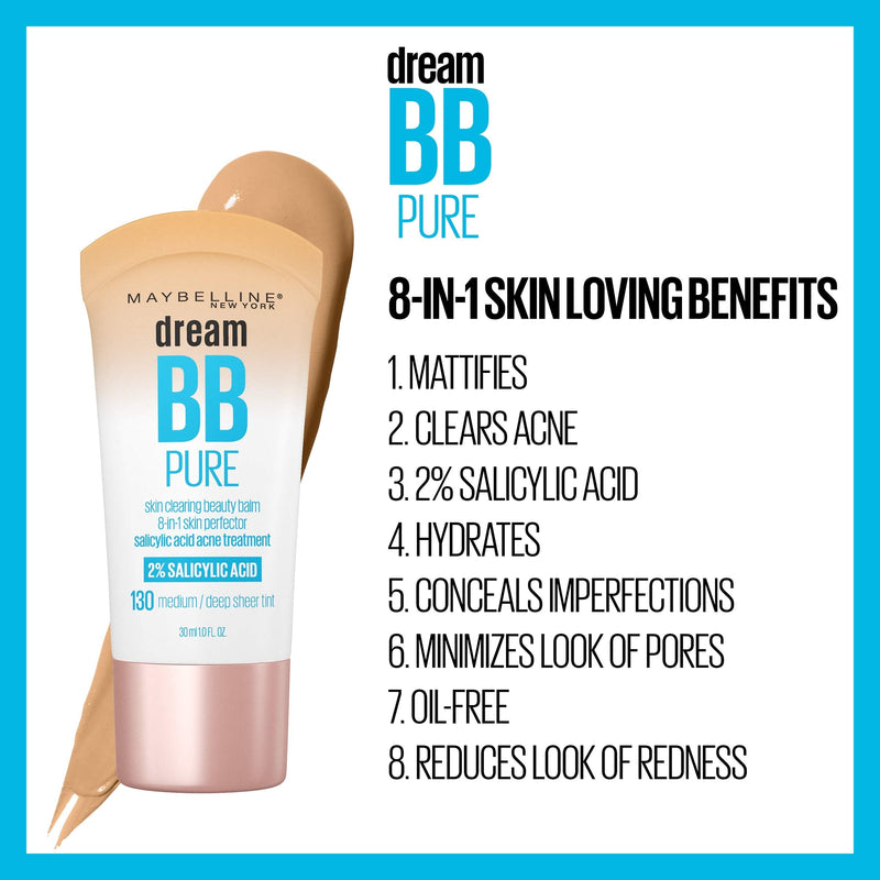 Maybelline Dream Pure Skin Clearing BB Cream, 8-in-1 Skin Perfecting Beauty Balm With 2% Salicylic Acid, Sheer Tint Coverage, Oil-Free, Deep, 1 Fl Oz Maybelline New York
