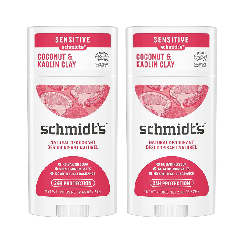 Schmidt's Aluminum Free Natural Deodorant Coconut & Kaolin Clay 2-pk for Women and Men, with 24 Hour Odor Protection, Certified Natural, Cruelty Free, Vegan Deodorant 2.65oz Infinity Warehouse