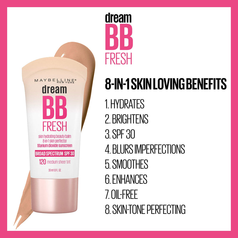 Maybelline Dream Fresh Skin Hydrating BB cream, 8-in-1 Skin Perfecting Beauty Balm with Broad Spectrum SPF 30, Sheer Tint Coverage, Oil-Free, Deep, 1 Fl. Oz Maybelline New York