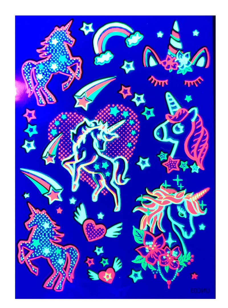 Temporary Tattoos – 1 Sheet Unicorns Design Body Paint Art Blacklight Reactive Light Festival Accessories Glow in the Dark Party Supplies | 7.2” x 5.2” Temp Great for EDM EDC Party Unicorn Rave Parties d'IRIS studio