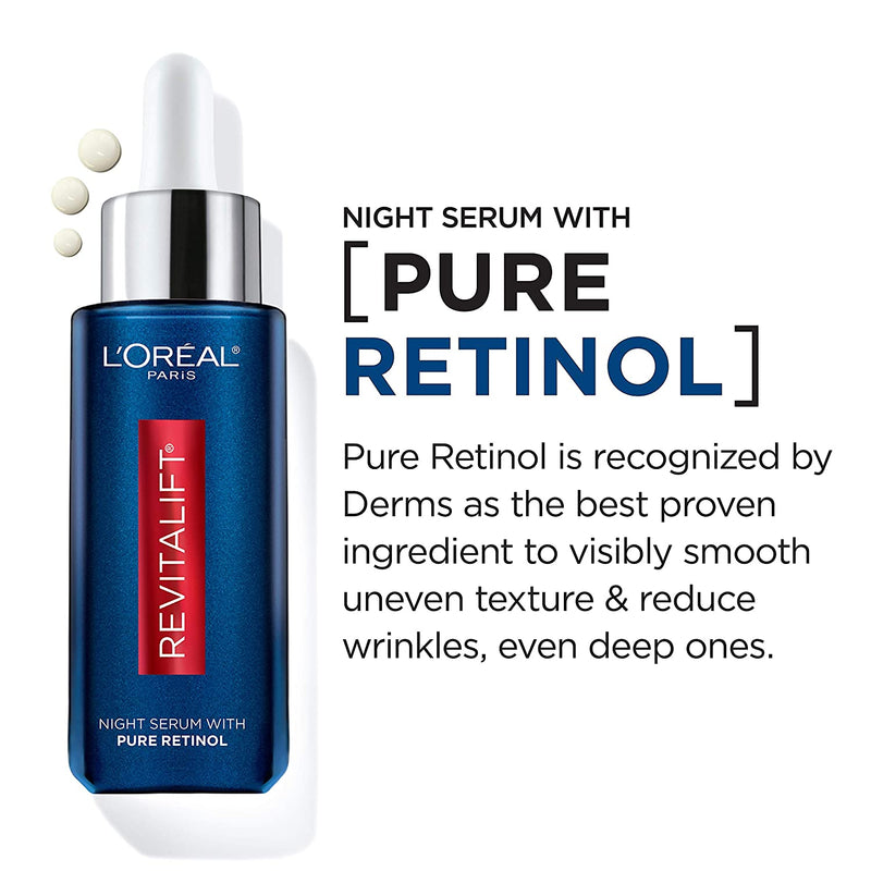 L'Oreal Paris Retinol Serum for Face, Night Serum 0.3% Pure Retinol from Revitalift Derm Intensives, Visibly Reduce Wrinkles, Even Deep Ones, 1 Oz Serum + Moisturizer Cream Samples, Packaging May Vary L'Oreal Paris
