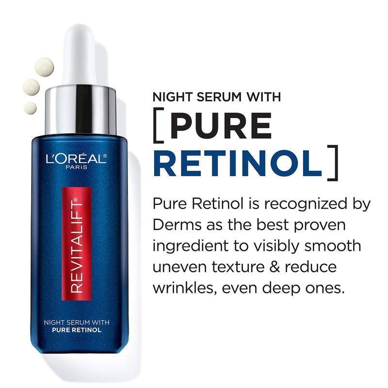 L'Oreal Paris Retinol Serum for Face, Night Serum 0.3% Pure Retinol from Revitalift Derm Intensives, Visibly Reduce Wrinkles, Even Deep Ones, 1 Oz Serum + Moisturizer Cream Samples, Packaging May Vary L'Oreal Paris
