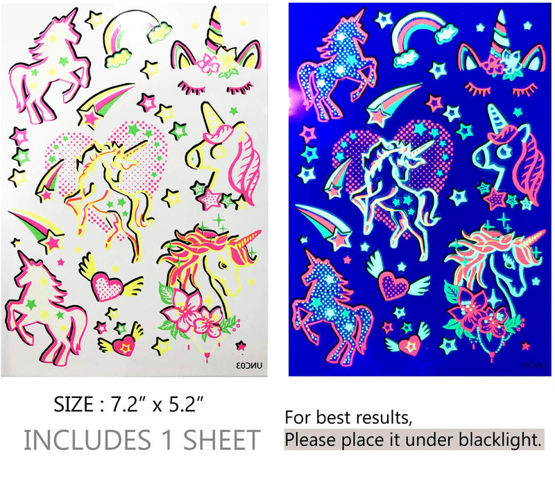 Temporary Tattoos – 1 Sheet Unicorns Design Body Paint Art Blacklight Reactive Light Festival Accessories Glow in the Dark Party Supplies | 7.2” x 5.2” Temp Great for EDM EDC Party Unicorn Rave Parties d'IRIS studio