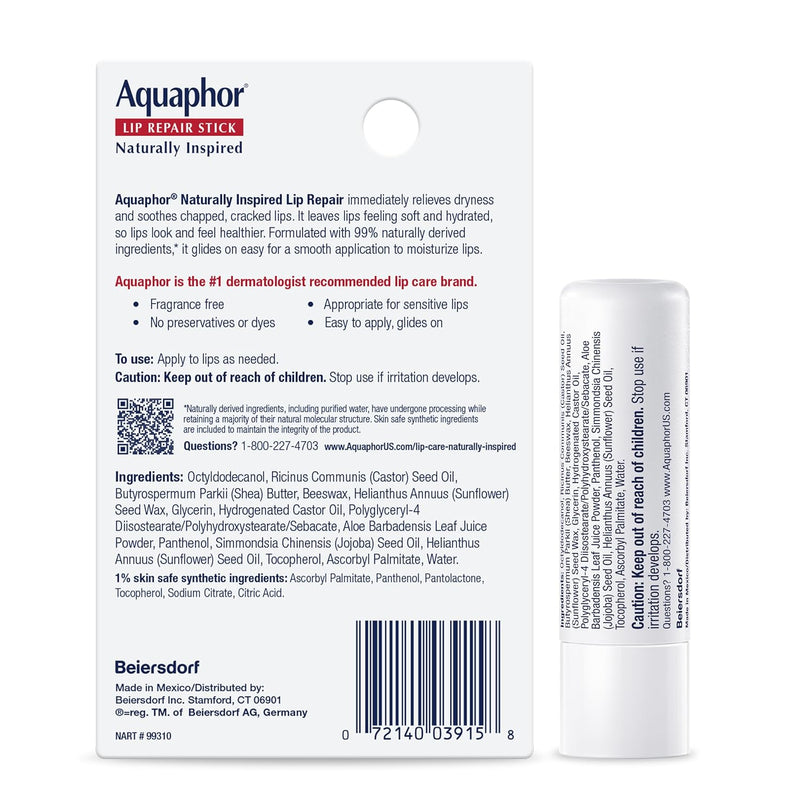 Aquaphor Naturally Inspired Lip Repair Stick with Aloe Vera and Natural Shea Butter, Hydrating Lip Balm Stick Immediately Relieves Dryness and Soothes Chapped Lips, 0.17 Oz Stick, Pack of 3 Infinity Warehouse