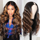UNice Ombre Highlight U Part Wig Human Hair Body Wave for Black Women Middle Part, Brazilian Virgin Hair Glueless Full Head U Shape Clips in Half Wig 150% Density 18inch UNICE Store